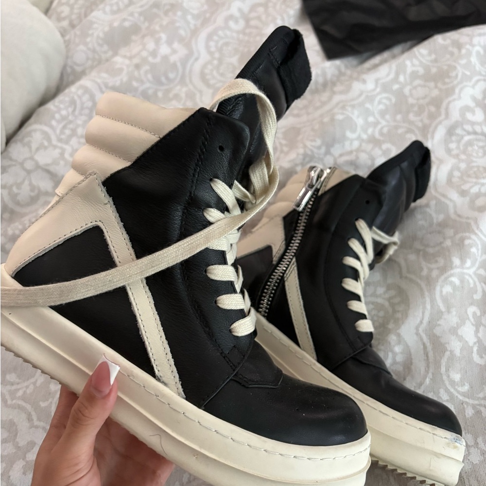 Rick Owens Black and Cream High-Top Sneakers